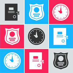 Sticker - Set Lawsuit paper, Police badge and Clock icon. Vector.