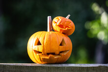 Halloween Pumpkins Or Jack-o-lantern At Home Terrace. Decoration And Holidays Concept
