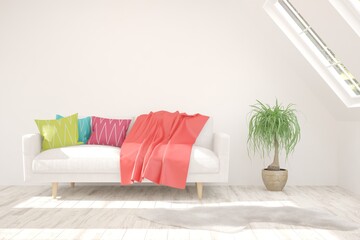 White living room with sofa. Scandinavian interior design. 3D illustration