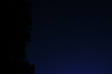 Blue dark night sky with many stars. Night sky over rural landscape. high ISO landscape with fisheye lens