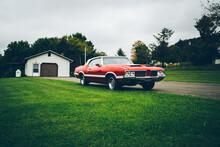 Retro Old Red Vintage American Car Near Shabby Barn