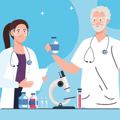 Poster - medical vaccine research, couple doctors professionals in scientific virus prevention study vector illustration design