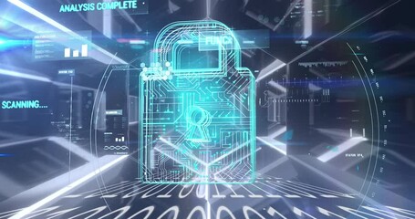 Security padlock icon and data processing against glowing tunnel