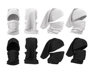 Wall Mural - How to wear a seamless bandana on your face and head. Mask, hat, sports headgear. 3D realistic render of mock up clothes. Sports bandana template in black and white color.