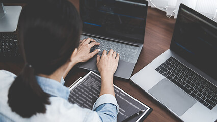 Wall Mural - programmer working in a software development and coding technologies. website design. technology con