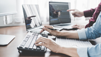 Wall Mural - programmer working in a software development and coding technologies. website design. technology con
