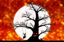 Woman On A Swing On A Tree Against The Backdrop Of A Large Moon