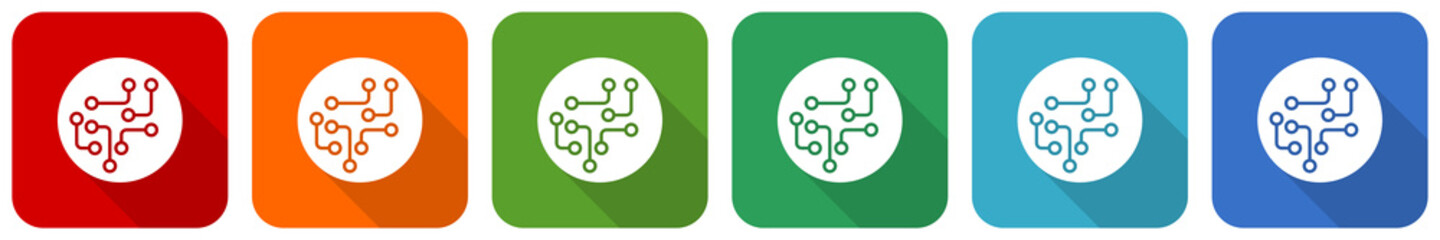 Leinwandbilder - Circuit, technology, chip, processor icon set, flat design vector illustration in 6 colors options for webdesign and mobile applications