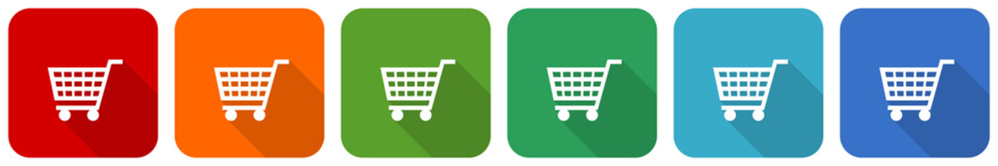 Poster - Shopping cart, shop, trolley icon set, flat design vector illustration in 6 colors options for webdesign and mobile applications