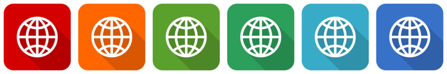 Aufkleber - Globe, earth, world icon set, flat design vector illustration in 6 colors options for webdesign and mobile applications