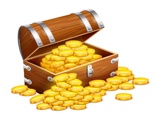 Wall Mural - Pirates trunk chest full of gold coins treasures. Isolated on white background. Illustration.