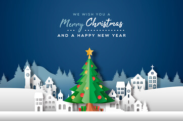 christmas new year papercut city pine tree card
