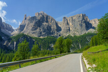 Mountain landscape along the road to Gardena pass, Dolomites