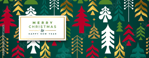 Fotomural Christmas new year gold folk pine tree banner