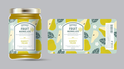 Wall Mural - Label and packaging of pear marmalade. Jar with label. Text in frame with stamp (sugar free) on seamless pattern with fruits, flowers and leaves.