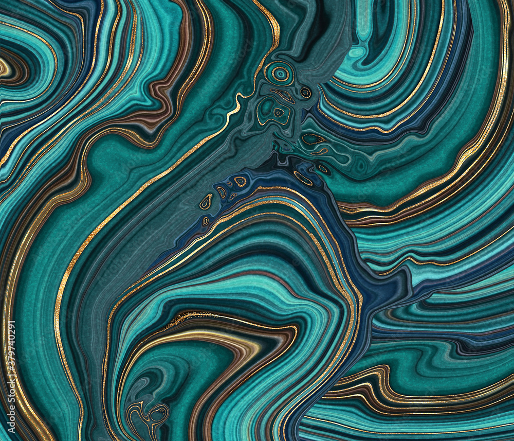 abstract malachite green background, fake agate with golden veins, painted artificial stone texture, marbled surface, digital marbling illustration - obrazy, fototapety, plakaty 
