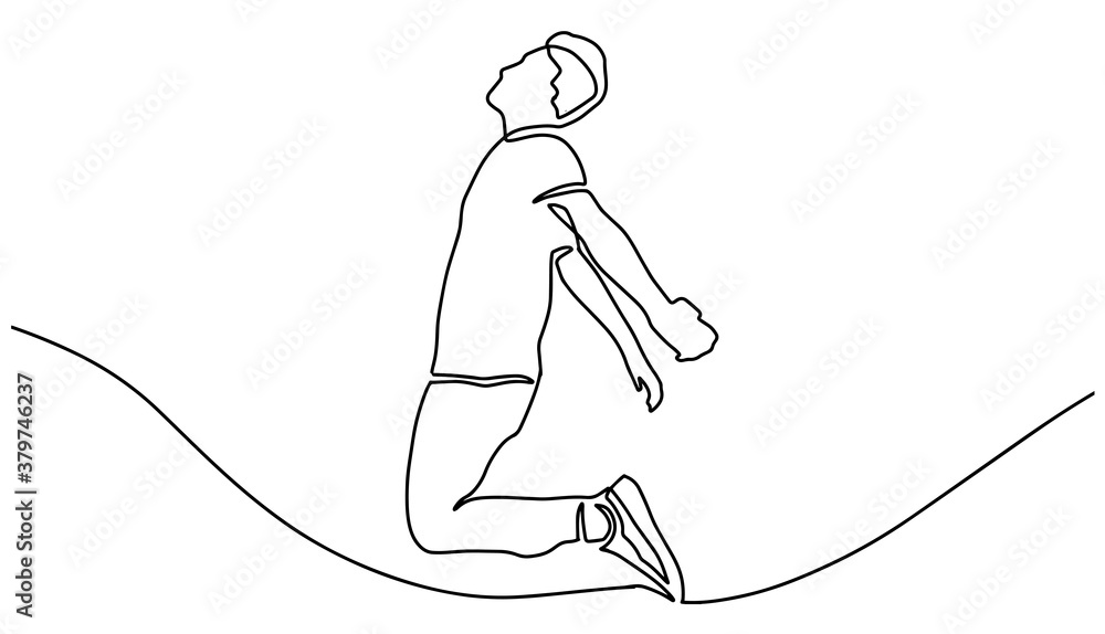 Continuous line drawing of jumping man. A man jump looks happy with ...
