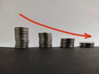 Coin stack step down graph with red arrow, Risk management business financial and investment, Copy space