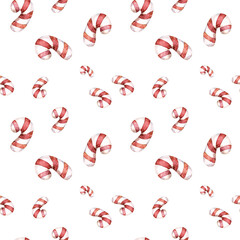 Cheerful candy cane background seamless pattern. Hand drawn watercolor cute christmas red candy. Nursery illustration.