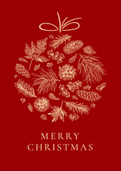 Wall Mural - Сhristmas card with winter plants. Christmas ball. Vector illustration. Red background and golden pattern.