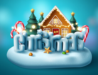 Christmas 3d text vector concept design. Merry christmas typography in island village miniature or giant xmas decoration for holiday season with realistic elements. Vector illustration
