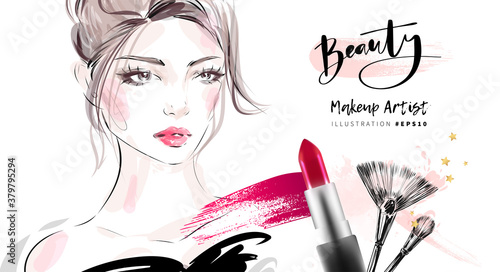 Fotografía Hand drawn beautiful young woman face makeup with smudged red lipstick and brushes vector fashion illustration for cosmetic sale banner background design, makeup artist business card template