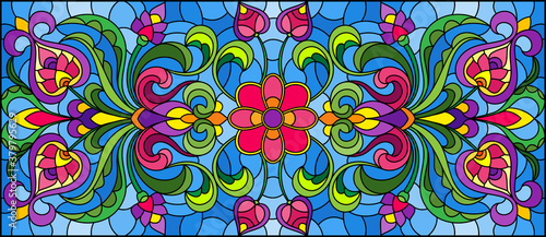 Dekoracja na wymiar  ilustracja-w-stylu-witrazu-z-abstrakcyjnymi-wirami-kwiatami-i-liscmi-na-niebieskim-ba