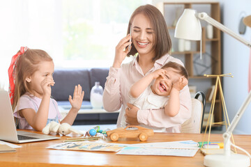 Sticker - Working mother with naughty little children at home