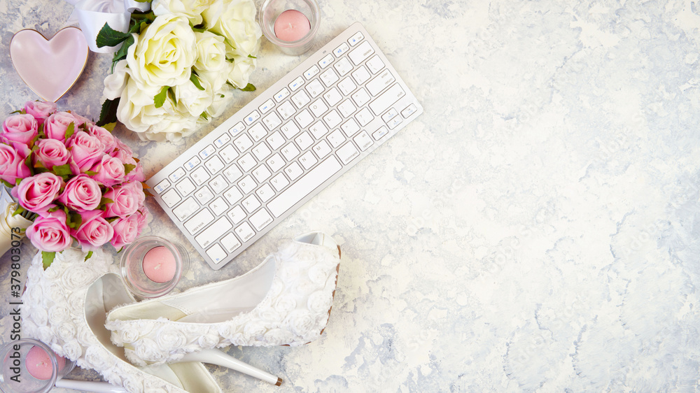 Obraz na płótnie White aesthetic wedding bridal theme desktop workspace with high heel shoes, bouquets and accessories on stylish white textured background. Top view blog hero header creative composition flat lay. w salonie