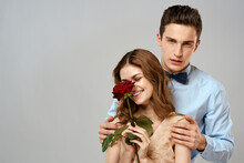 Young Couple Hugs Romance Dating Lifestyle Relationship Light Background Red Rose