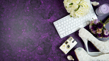 Wall Mural - Wedding bridal theme desktop workspace with high heel shoes, bouquets, accessories on vintage purple textured background. Top view blog hero header creative composition flat lay. Negative copy space.
