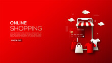 Black Friday Online Shopping With Illustrations Of Red Cellphones, Clothes And Credit Cards.
