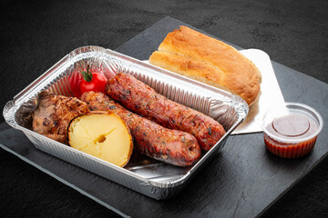 Grilled pork sausages with baked potatoes, matnakash and red sauce. Food delivery. Served on aluminium lunch box.