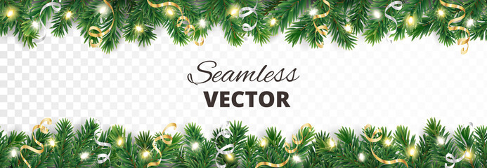 Seamless holiday decoration. Christmas tree border with lights garland. Festive frame isolated on white. Celebration vector background. For winter season banners, New Year headers, party posters.