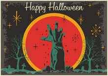 Happy Halloween Postcard, Mid Century Modern Greeting Cards Stylization, Dead Hand, Cemetery, Night Scene Illustration, Vintage Colors, Grunge Textured Frame 