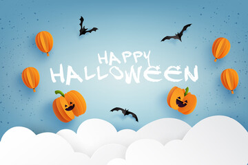 Aufkleber - Happy halloween banner background template.Halloween pumpkins, balloons and flying bats on blue sky.Paper cut style vector illustration.