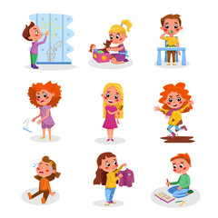 Sticker - Bad and Good Kids Behavior and Habits Set, Cute Naughty and Obedient Children in Different Situations Cartoon Style Vector Illustration