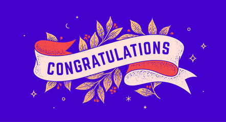 Canvas Print - congratulations. retro greeting card with ribbon and text congratulations. old ribbon banner in engr