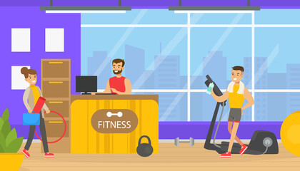 Sticker - Fitness Club Reception Sesk with Male Receptionist, People Doing Sports Exercises in Gym Flat Vector Illustration