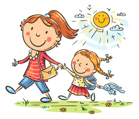 Wall Mural - Mother and daughter on the way to kindergarten, parent and child walking outdoors