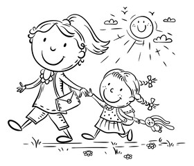 Wall Mural - Mother and daughter on the way to kindergarten, parent and child walking outdoors