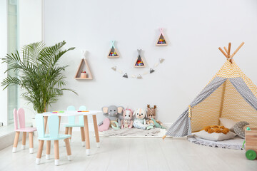 Poster - Cute children's room interior with teepee tent and little table