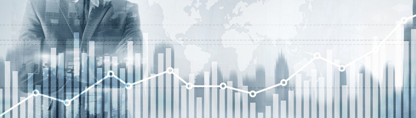Wall Mural - double exposure global world map on business financial stock market trading background.