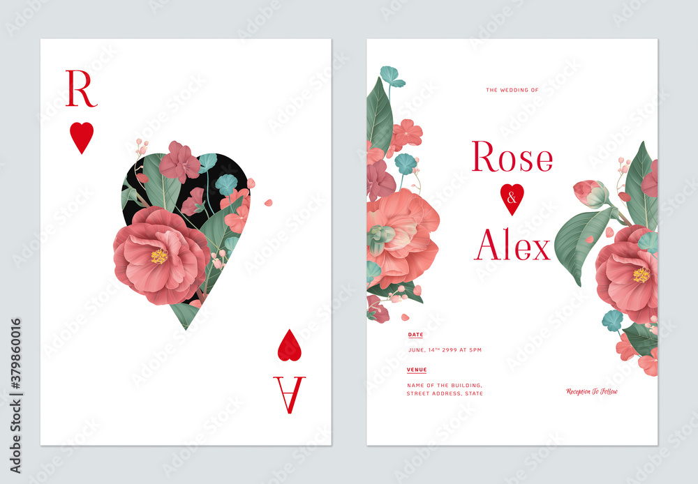 Floral wedding invitation card template design, red Semi-double Camellia and various red flowers with leaves on white - obrazy, fototapety, plakaty 