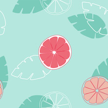 Seamless Pattern Slice Orange Or Grapefruit Fruits On Green Blue Background. Vector Illustration.