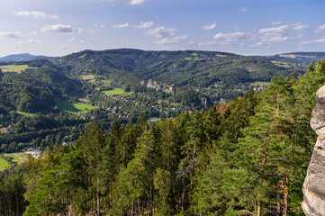 Panoramic view of landscape and sandstone rock formations in Cesky Raj (Czech Paradise), Europe