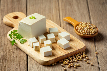 Tofu made from soybeans Food nutrition concept.