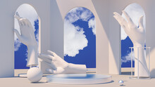 Product Setting Podium White Antique Hands Statue With Arches, Minimal Light Interior, Object Placement, Abstract Room And Sky Windows, 3d Rendering,