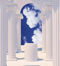 Product Setting Podium Colonnade Ancient Greek Columns White Antique Background, Object Placement, 3d Rendering,