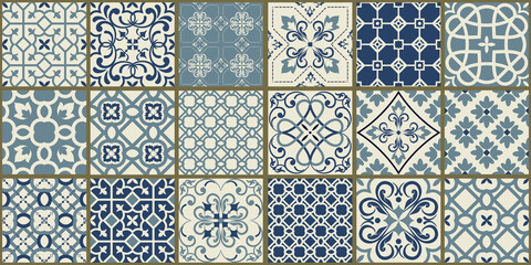  Collection of 18 ceramic tiles in turkish style. Seamless colorful patchwork from Azulejo tiles. Portuguese and Spain decor. Islam, Arabic, Indian, Ottoman motif. Vector Hand drawn background